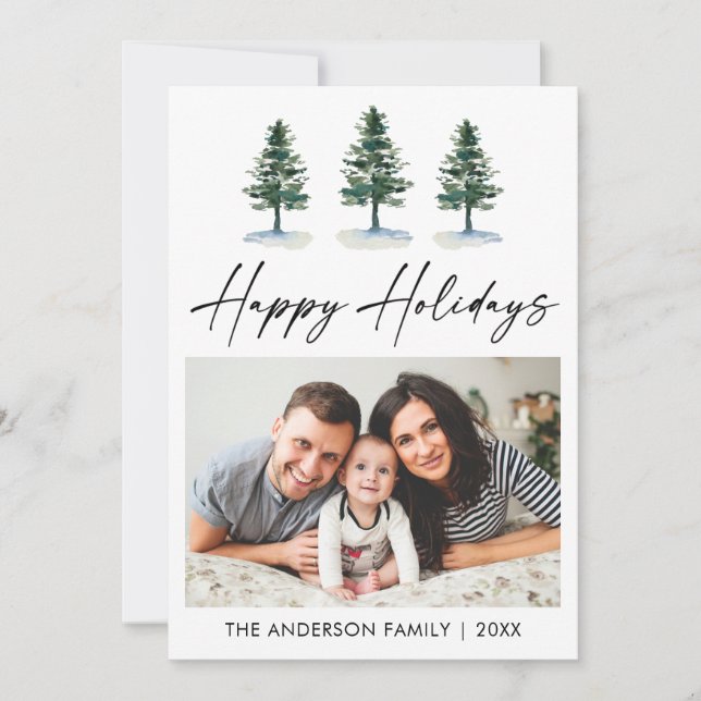 Calligraphy Ink Script Photo Watercolor Pines Holiday Card (Front)