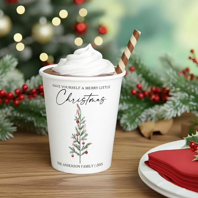 Calligraphy Ink Script Watercolor Christmas Tree Paper Cups (Customize to change your personalized text size or text style.)