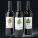 Calligraphy Ink Script Watercolor Christmas Tree Wine Label<br><div class="desc">Modern Elegant Calligraphy Ink Script Watercolor Tree Merry Christmas Wine Label</div>