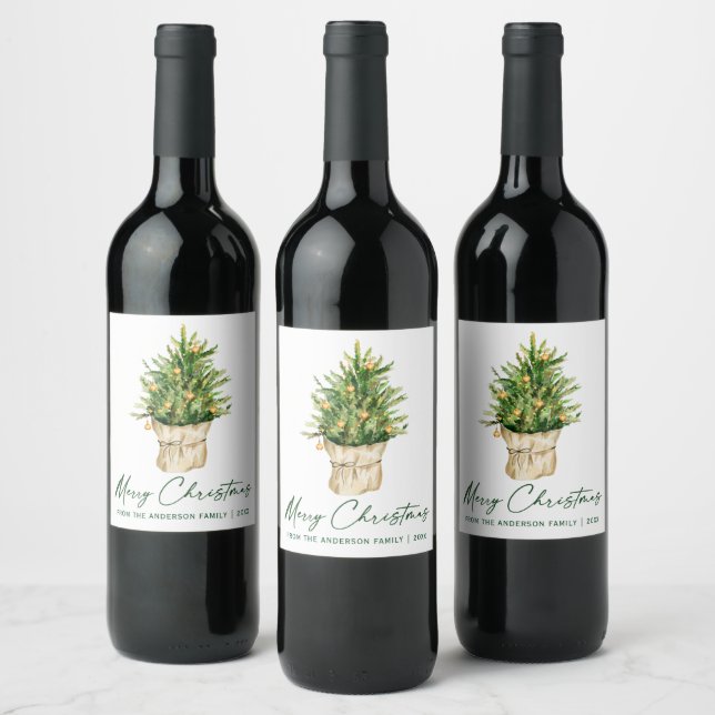 Calligraphy Ink Script Watercolor Christmas Tree Wine Label (Bottles)