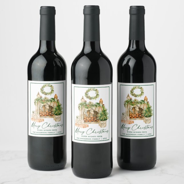 Calligraphy Ink Script Watercolor Christmas Wine Label (Bottles)