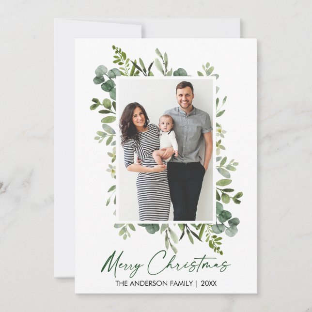 Calligraphy Ink Script Watercolor Greenery Holiday Card (Front)