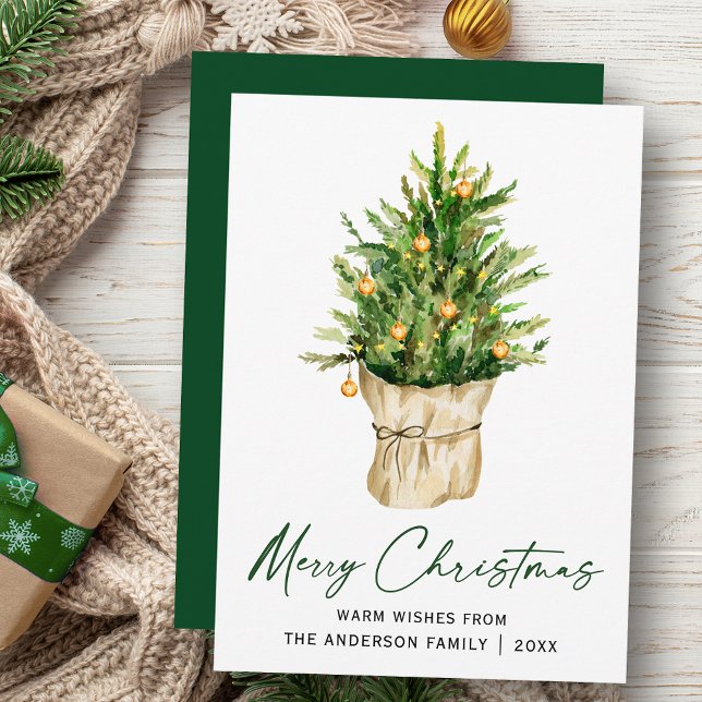 Calligraphy Ink Script Watercolor Pine Tree Green Holiday Card (Customize to change your personalized text size, style or change color of back of card.)