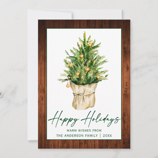 Calligraphy Ink Script Wood Watercolor Pine Tree Holiday Card (Front)