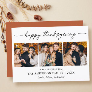 Calligraphy Ink Thanksgiving Terracotta 3 Photo Holiday Card