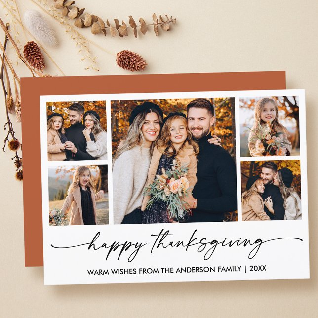 Calligraphy Ink Thanksgiving Terracotta 5 Photo Holiday Card (Customize to change your personalized text size or text style.)