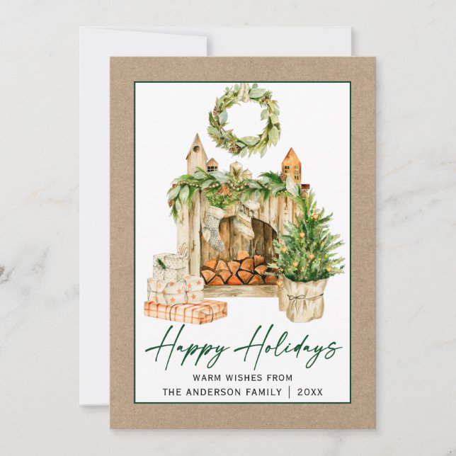 Calligraphy Ink Watercolor Holidays Kraft Holiday Card (Front)