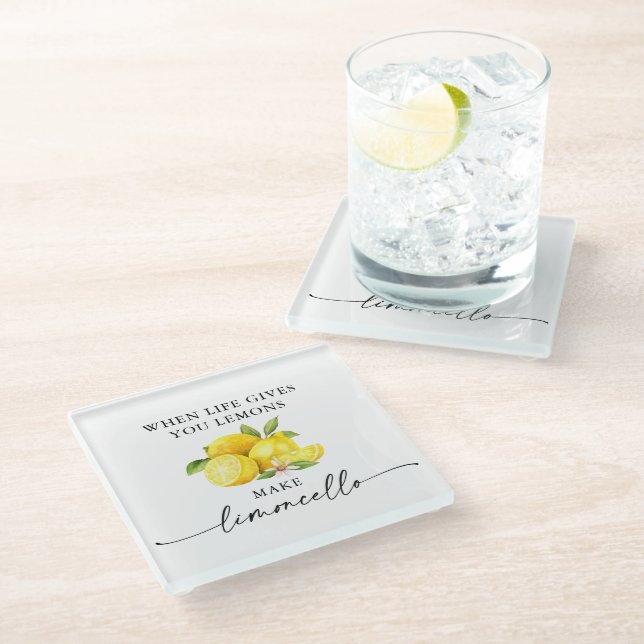 Calligraphy Ink Watercolor Lemons Limoncello Glass Coaster (Angled)