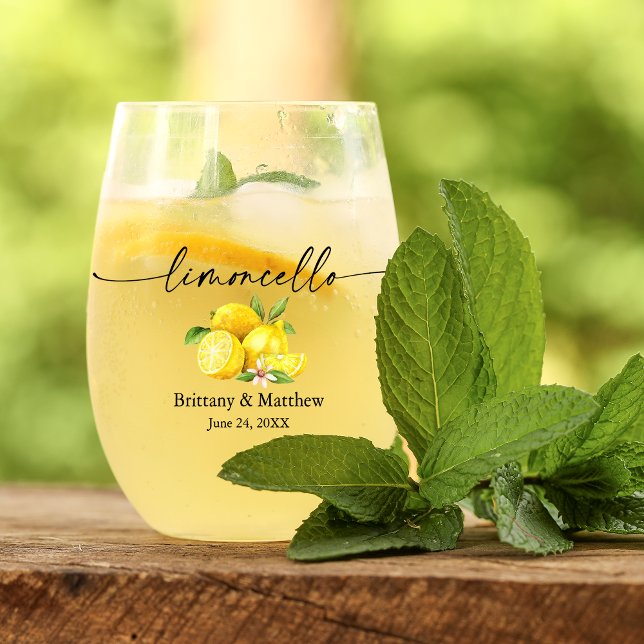 Calligraphy Ink Watercolor Lemons Limoncello Stemless Wine Glass (Several styles to choose from.)