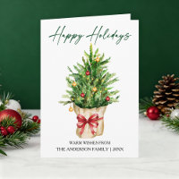 Calligraphy Ink Watercolor Pine Red Bow Folded