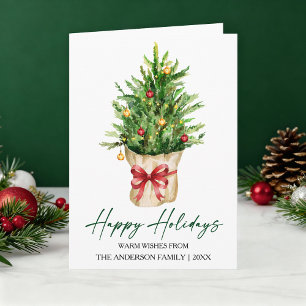 Calligraphy Ink Watercolor Pine Tree Red Bow Fold Holiday Card