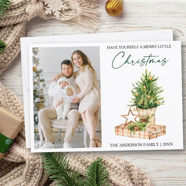 Calligraphy Ink Watercolor Pines Photo Holiday Card (Customize to change your personalized text size or text style)