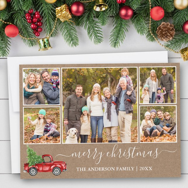 Calligraphy Kraft Christmas Red Truck 5 Photo Holiday Card (Customize to add text to back of card.)