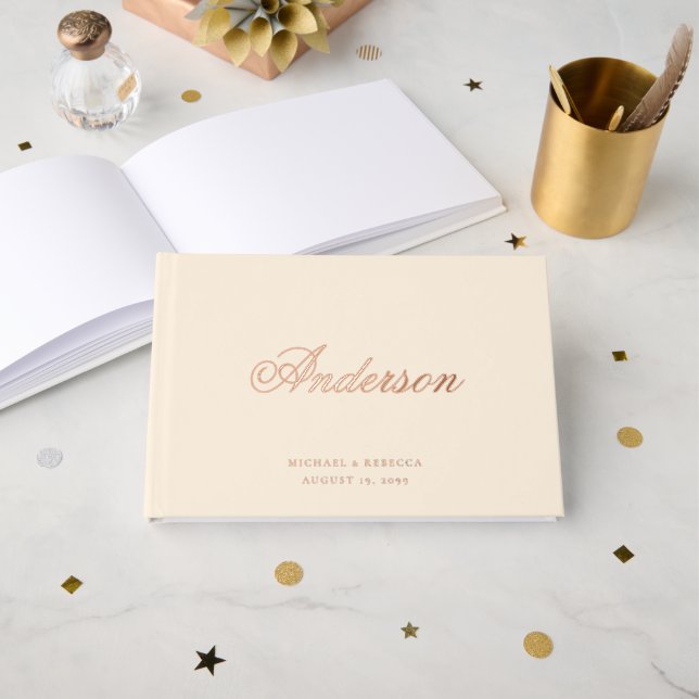 Calligraphy Last Name Cream Beige Wedding Guest Book (Front Open)