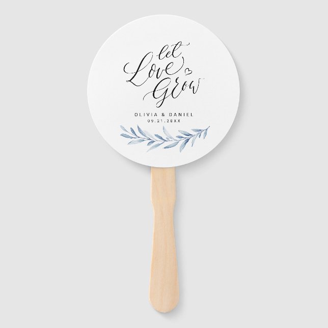 Calligraphy "Let Love Grow" Blue Rustic Greenery Hand Fan (Back)