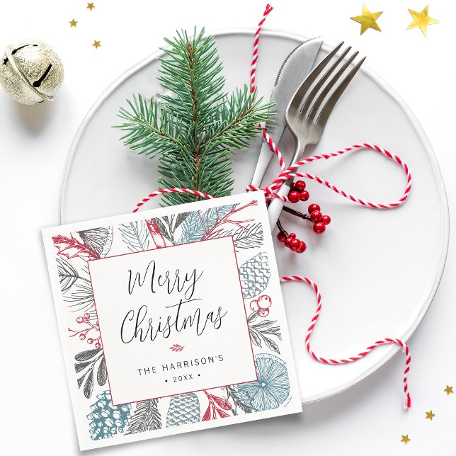 Calligraphy Lettering Merry Christmas Greenery Napkin (Calligraphy Lettering Merry Christmas Greenery Napkins)