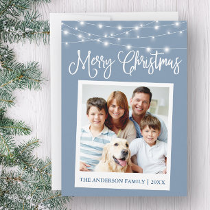 Calligraphy Lights Instant Camera Photo Blue Holiday Card