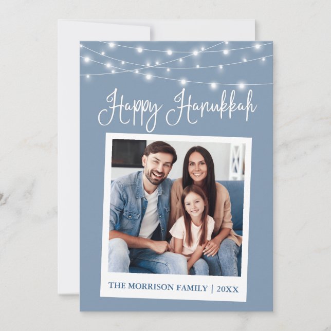 Calligraphy Lights Instant Camera Photo Hanukkah Holiday Card (Front)