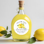 Calligraphy Limoncello Watercolor Lemons Thank You Classic Round Sticker<br><div class="desc">Modern Minimalist yet Elegant Calligraphy Ink Script Watercolor Lemons and Greenery Limoncello Thank You Wedding Bottle Labels Stickers</div>