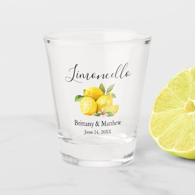 Calligraphy Limoncello Watercolor Lemons Wedding Shot Glass (Front)