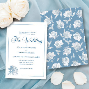 Calligraphy Line Art Dusty Blue Floral Wedding Invitation