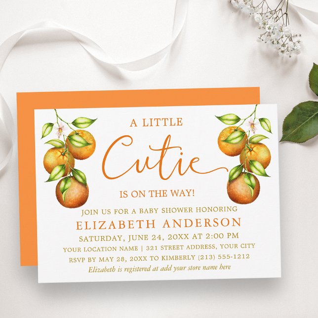 Calligraphy Little Cutie Baby Shower Oranges Gold Invitation (Customize to change text size, color, style or to change color of back of card.)
