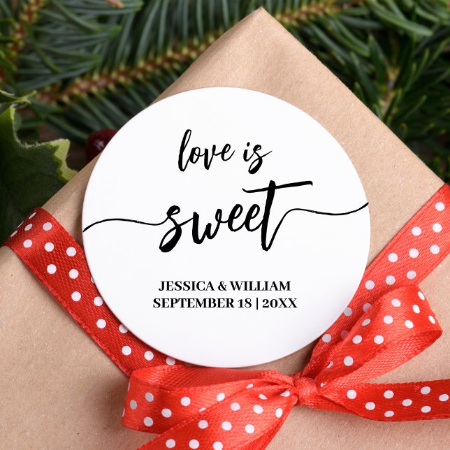 calligraphy love is sweet wedding favour classic round sticker (Creator Uploaded)