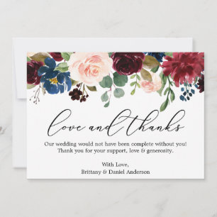 Calligraphy Love Thanks Burgundy Blue Floral Thank You Card