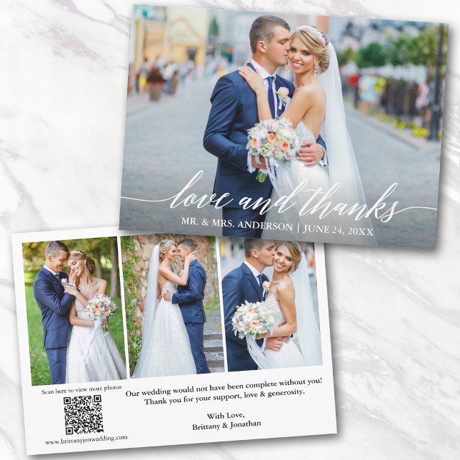 Calligraphy Love Thanks QR Code 4 Photo Wedding Thank You Card (Add your wedding website link to the QR Code so guests can scan & view more of your photos online.)