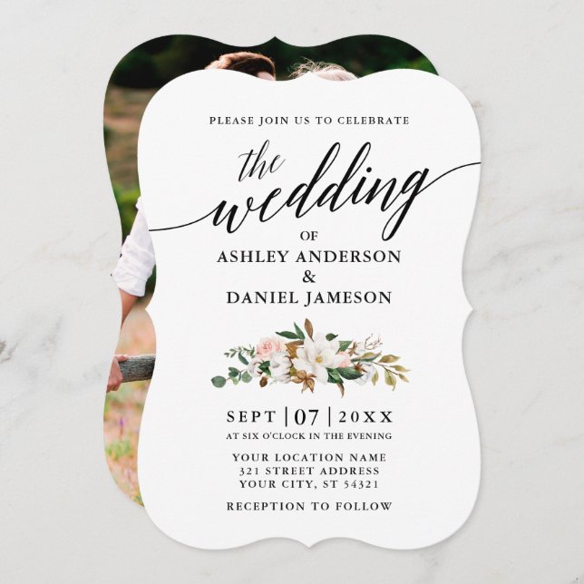 Calligraphy Magnolias Roses Photo Wedding Invitation (Front/Back)