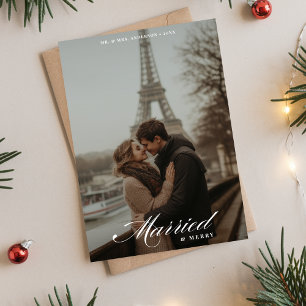 Calligraphy Married and Merry Christmas Photo  Holiday Card