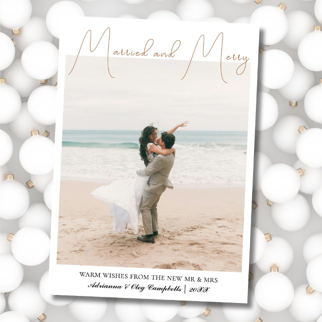 Calligraphy Married and Merry Gingerbread Brown Holiday Card (Creator Uploaded)