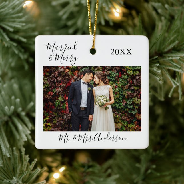 Calligraphy Married and Merry Photo Wedding Ceramic Ornament (Tree)