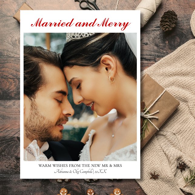 Calligraphy Married and Merry Simple Rich Red Text Holiday Card (Creator Uploaded)