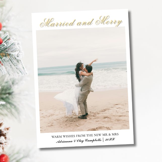 Calligraphy Married and Merry Soft Gold Text Holiday Card (Creator Uploaded)