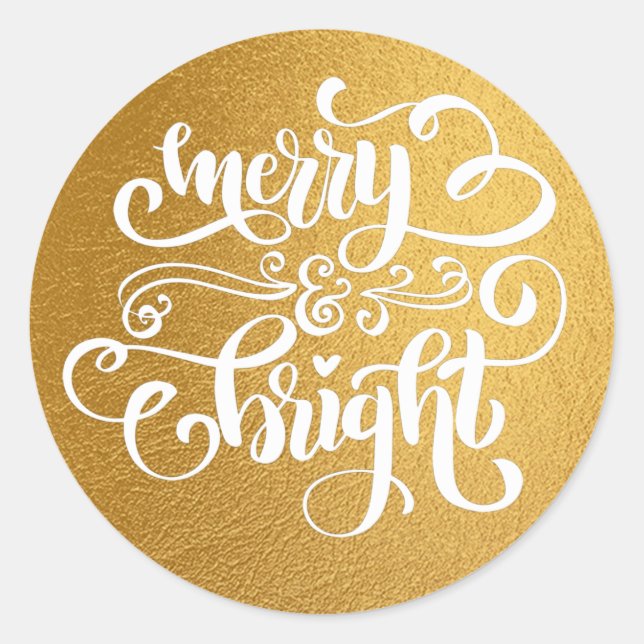 Calligraphy Merry & Bright Lux Gold Foil Classic Round Sticker (Front)