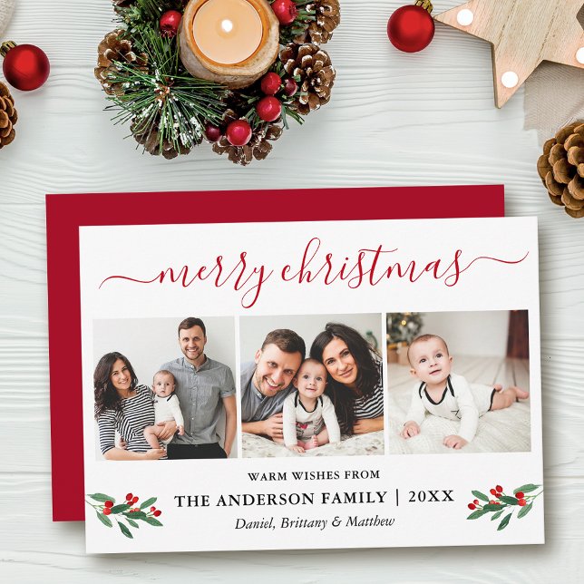 Calligraphy Merry Christmas 3 Photo Red Holly Holiday Card (Customize to add text to back of card or to change color of back of card.)