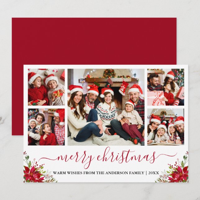 Calligraphy Merry Christmas 5 Photo Poinsettia Holiday Card (Front/Back)