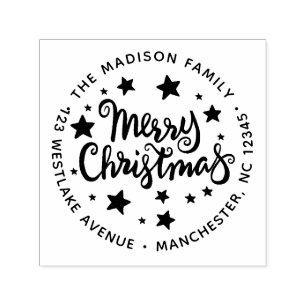 Calligraphy Merry Christmas and stars Address Self-inking Stamp