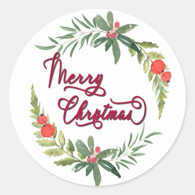 Calligraphy Merry Christmas botanical wreath  Clas Classic Round Sticker (Front)