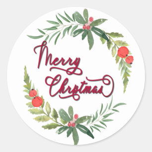 Calligraphy Merry Christmas botanical wreath Clas Classic Round Sticker