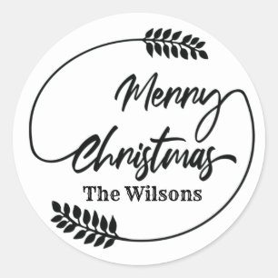 Calligraphy Merry Christmas botanical wreath Classic Round Sticker