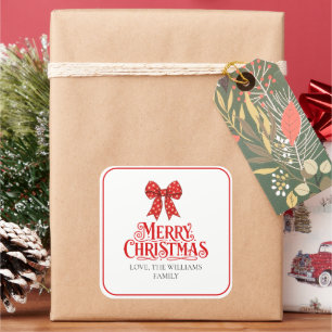 Calligraphy Merry Christmas Family Bow Gift Card Square Sticker