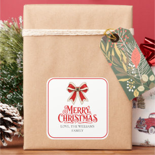 Calligraphy Merry Christmas Family Bow Gift Card Square Sticker