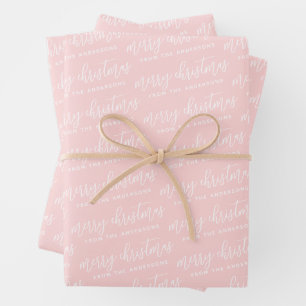 Calligraphy Merry Christmas Family Pastel Pink Wrapping Paper Sheet