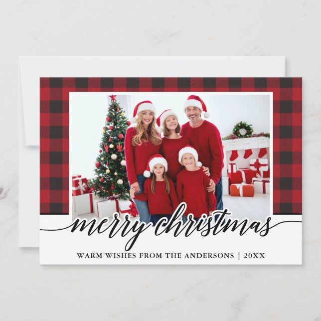Calligraphy Merry Christmas Family Photo Red Plaid Holiday Card (Front)