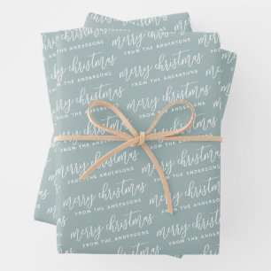 Calligraphy Merry Christmas Family Sage Green Wrapping Paper Sheet