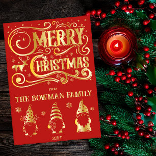 Calligraphy Merry Christmas Gnomes Family Greeting