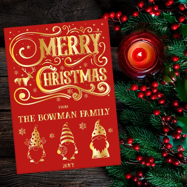 Calligraphy Merry Christmas Gnomes Family Greeting (Vintage Calligraphy Look "Merry Christmas" and Cute Gnome Trio Christmas Holiday Gold Foil Red Card)