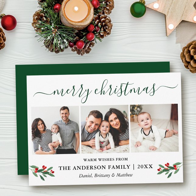 Calligraphy Merry Christmas Holly 3 Photo Green Holiday Card (Customize to add text to back of card or to change color of back of card.)